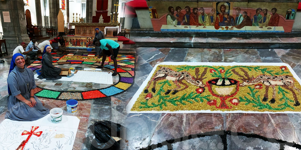 En photos : Préparation des tapis pour la prochaine fête Dieu à la Cathédrale de Tunis